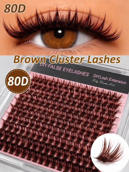[Lowest Price In 30 Days]240pcs 60+80+100D-Curl Fluffy Brown Colored Lightweight Cluster False Eyelashes, Thick & Voluminous Individual Lashes, Natural Brown Makeup, Soft & Comfortable, Suitable Eyela