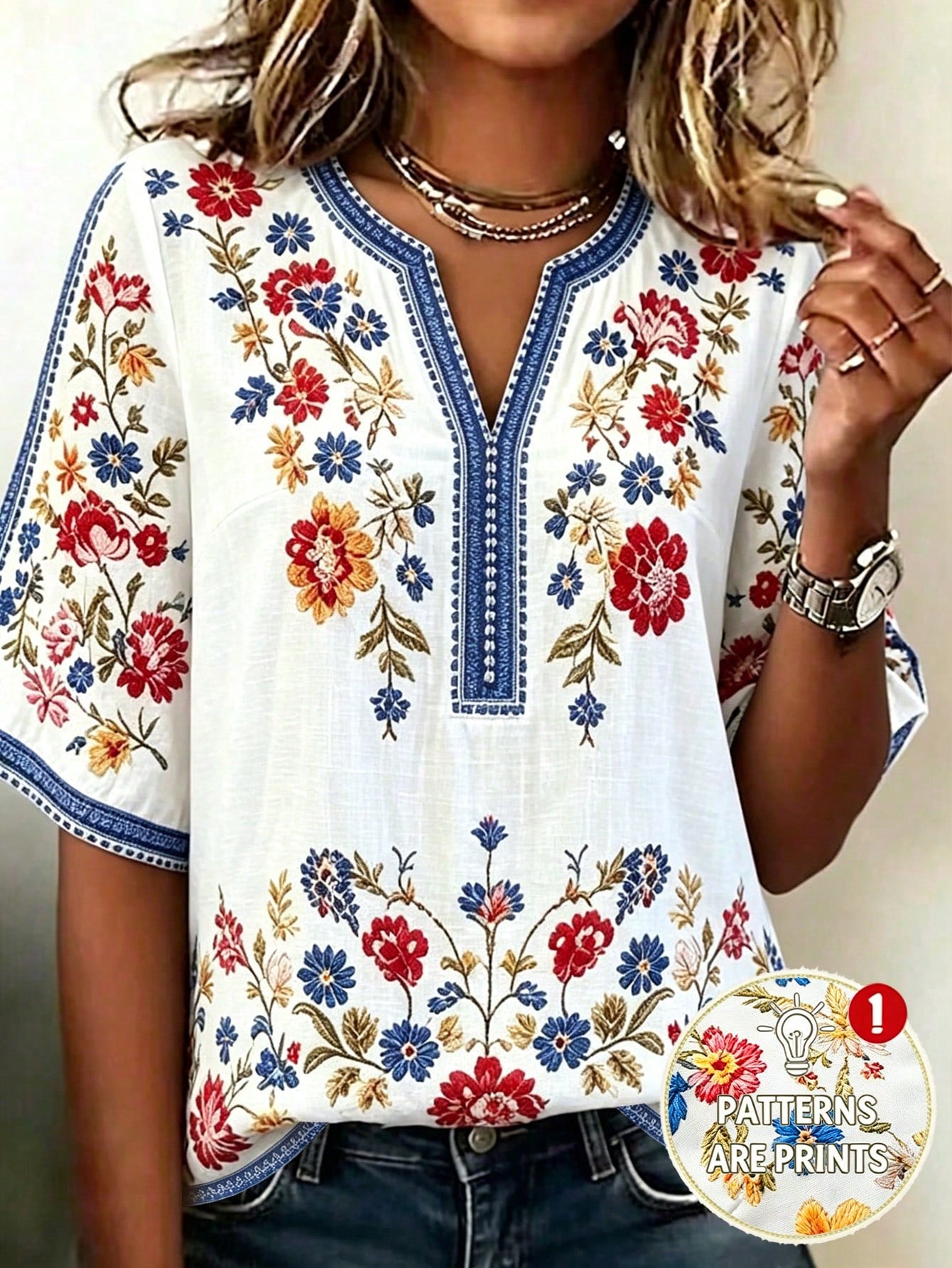 LUNE CURVE Plus Size Women's Bohemian 90s Boho Floral V-Neck 3/4 Sleeve Loose Casual Elegant Blouse, Autumn Vacation White Fall Vacation