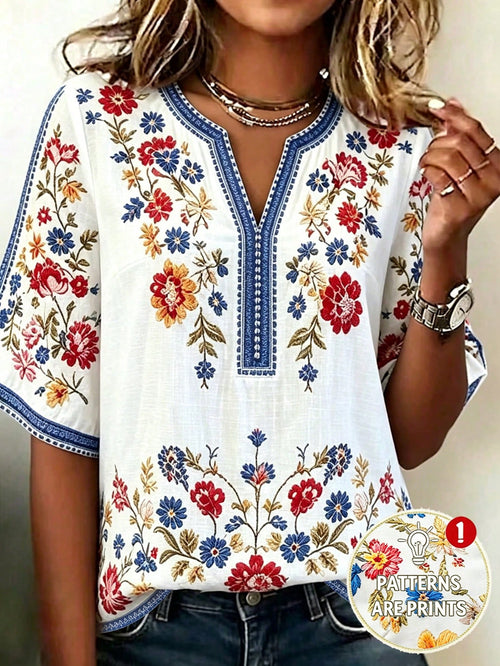 LUNE CURVE Plus Size Women's Bohemian 90s Boho Floral V-Neck 3/4 Sleeve Loose Casual Elegant Blouse, Autumn Vacation White Fall Vacation