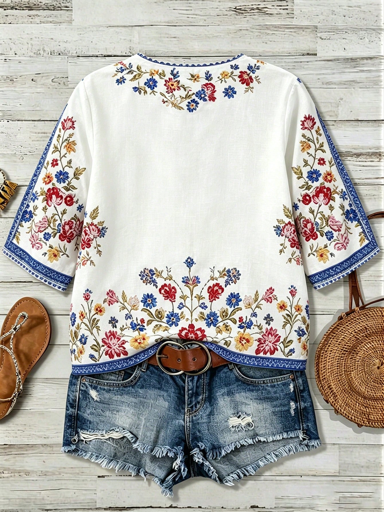 LUNE CURVE Plus Size Women's Bohemian 90s Boho Floral V-Neck 3/4 Sleeve Loose Casual Elegant Blouse, Autumn Vacation White Fall Vacation