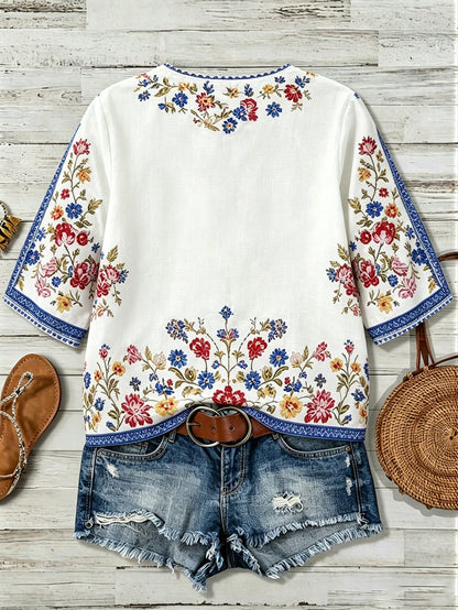 LUNE CURVE Plus Size Women's Bohemian 90s Boho Floral V-Neck 3/4 Sleeve Loose Casual Elegant Blouse, Autumn Vacation White Fall Vacation