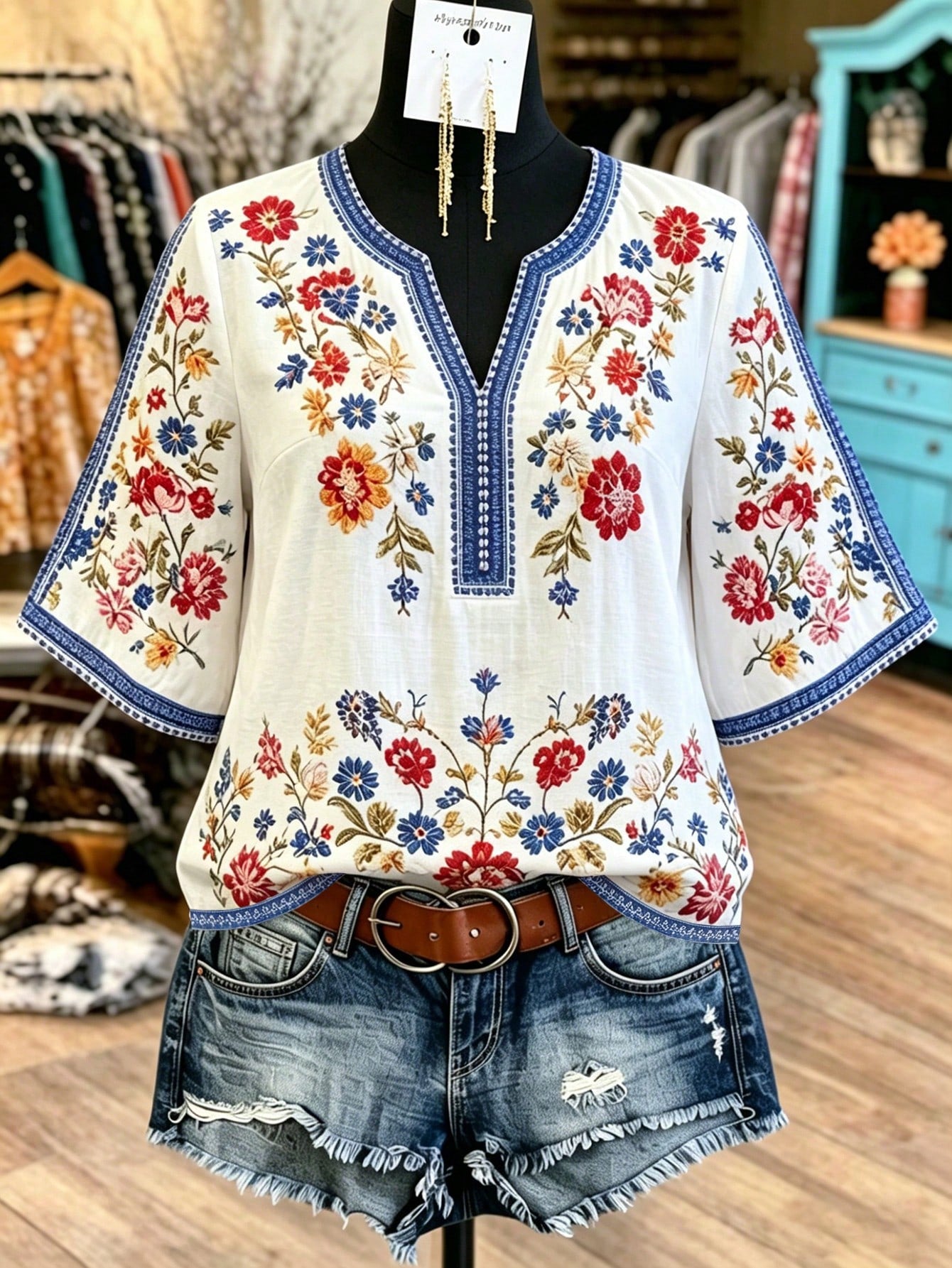 LUNE CURVE Plus Size Women's Bohemian 90s Boho Floral V-Neck 3/4 Sleeve Loose Casual Elegant Blouse, Autumn Vacation White Fall Vacation