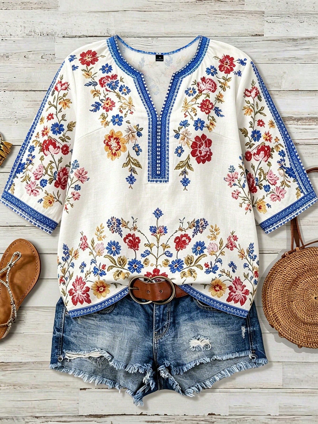 LUNE CURVE Plus Size Women's Bohemian 90s Boho Floral V-Neck 3/4 Sleeve Loose Casual Elegant Blouse, Autumn Vacation White Fall Vacation