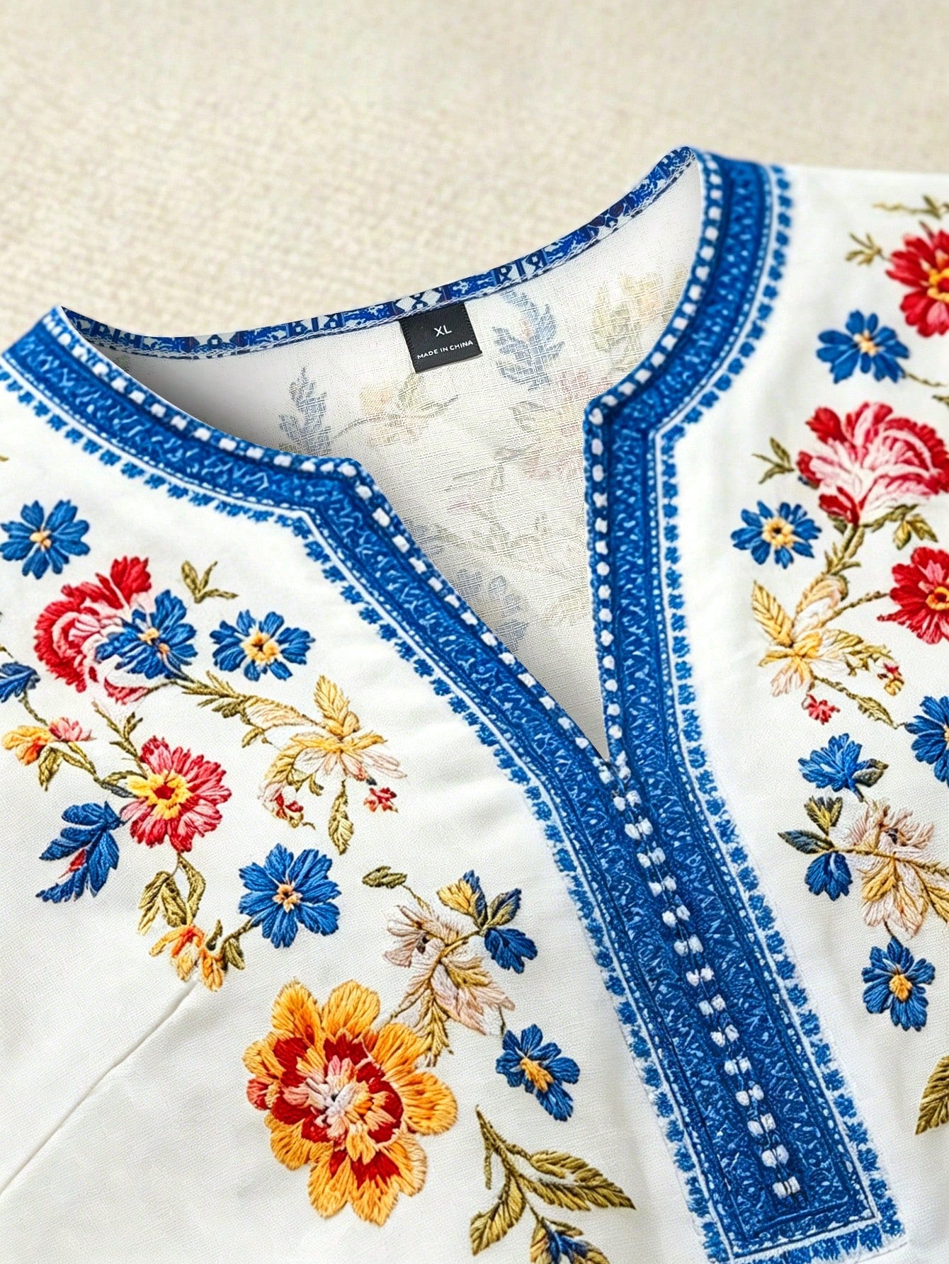 LUNE CURVE Plus Size Women's Bohemian 90s Boho Floral V-Neck 3/4 Sleeve Loose Casual Elegant Blouse, Autumn Vacation White Fall Vacation