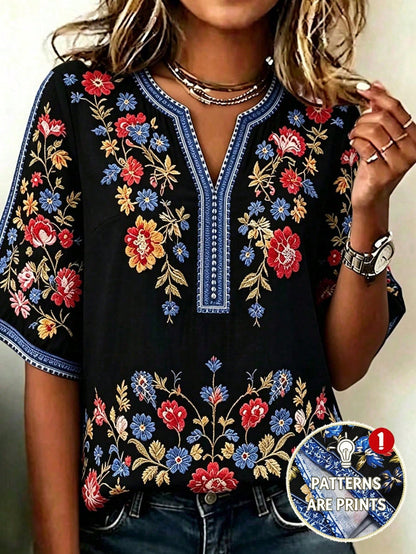 LUNE CURVE Plus Size Women's Bohemian 90s Boho Floral V-Neck 3/4 Sleeve Loose Casual Elegant Blouse, Autumn Vacation White Fall Vacation
