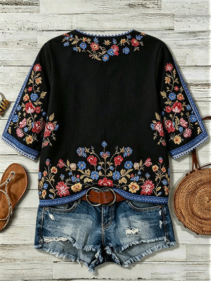 LUNE CURVE Plus Size Women's Bohemian 90s Boho Floral V-Neck 3/4 Sleeve Loose Casual Elegant Blouse, Autumn Vacation White Fall Vacation