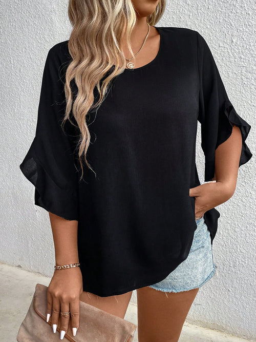 LUNE CURVE Plus Size Women's Solid Color Round Neck Shirt Fall