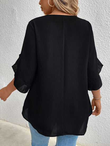 LUNE CURVE Plus Size Women's Solid Color Round Neck Shirt Fall
