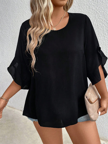 LUNE CURVE Plus Size Women's Solid Color Round Neck Shirt Fall