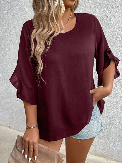 LUNE CURVE Plus Size Women's Solid Color Round Neck Shirt Fall