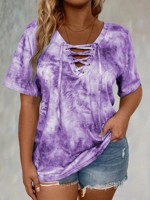 LUNE CURVE Plus Tie Dye Lace Up Front Tee Graphic Tees Women Tops