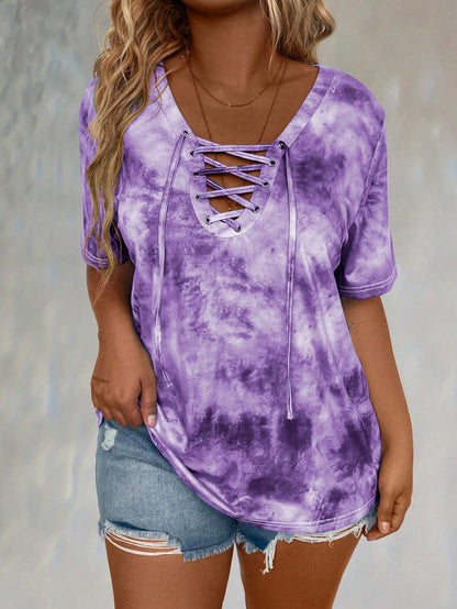 LUNE CURVE Plus Tie Dye Lace Up Front Tee Graphic Tees Women Tops