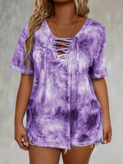 LUNE CURVE Plus Tie Dye Lace Up Front Tee Graphic Tees Women Tops