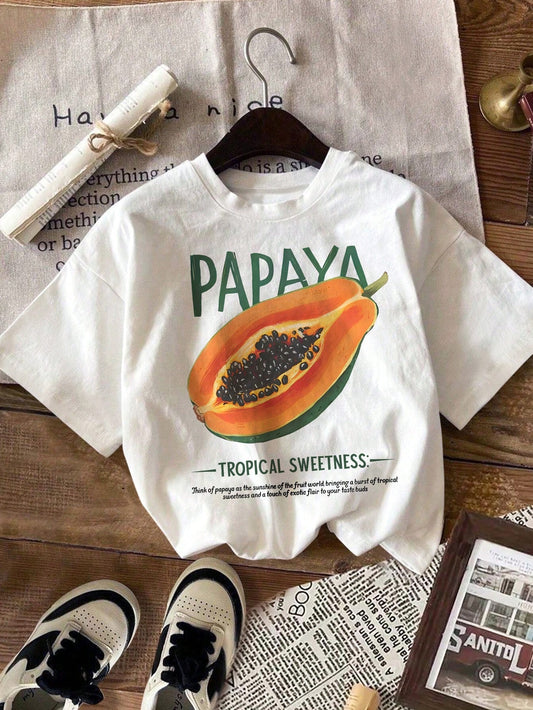 LUNE Fashionable Papaya Tropical Sweet T-Shirt,White Summer Casual Streetwear Vacation Holiday Aesthetic Fruit Retro Local Farmers Market Graphic Baby Tees