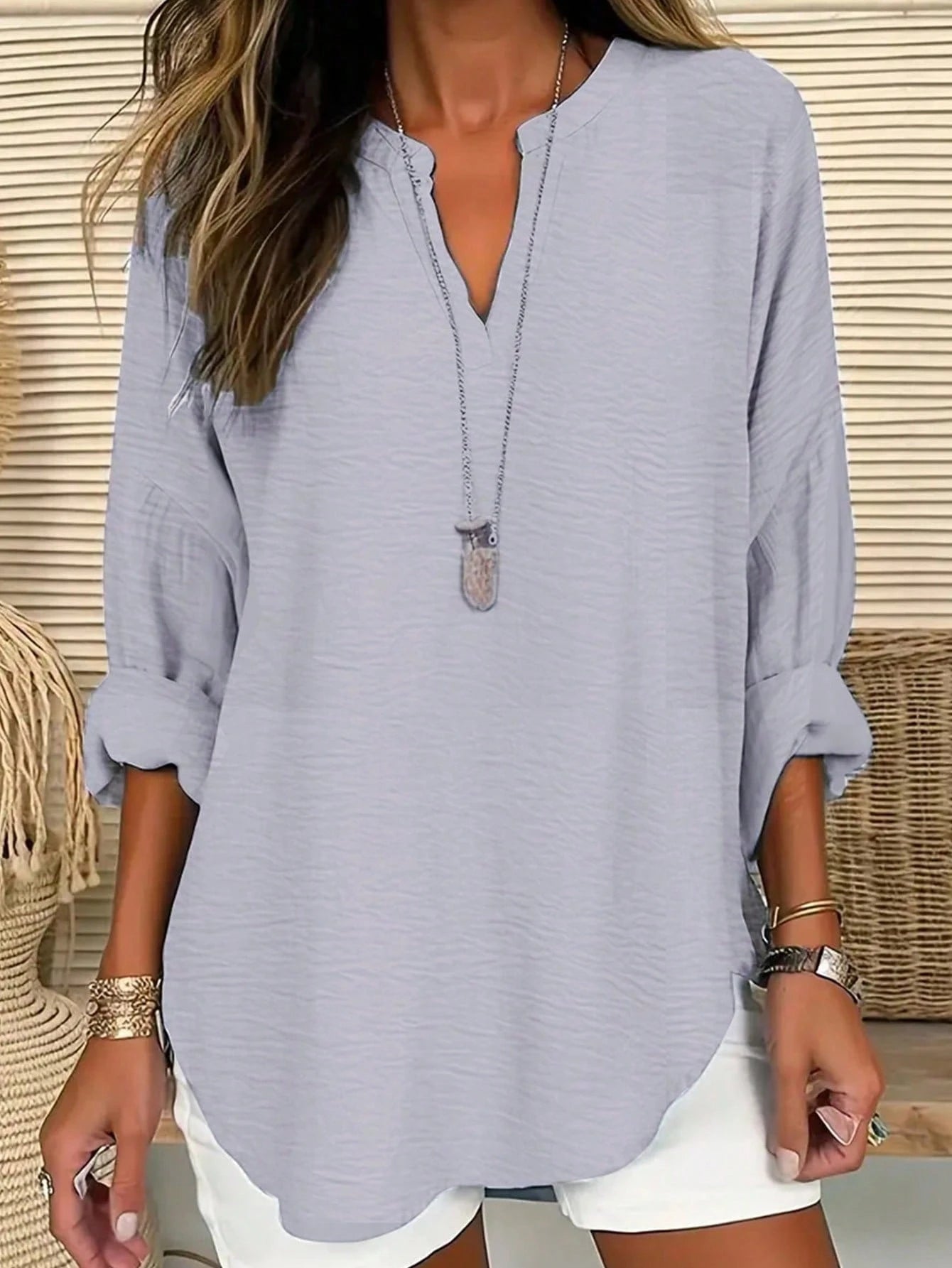 LUNE Plus Notched Neckline Roll Tab Sleeve Blouse Fall Cloth For Women