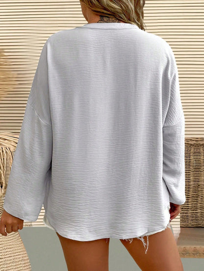 LUNE Plus Notched Neckline Roll Tab Sleeve Blouse Fall Cloth For Women