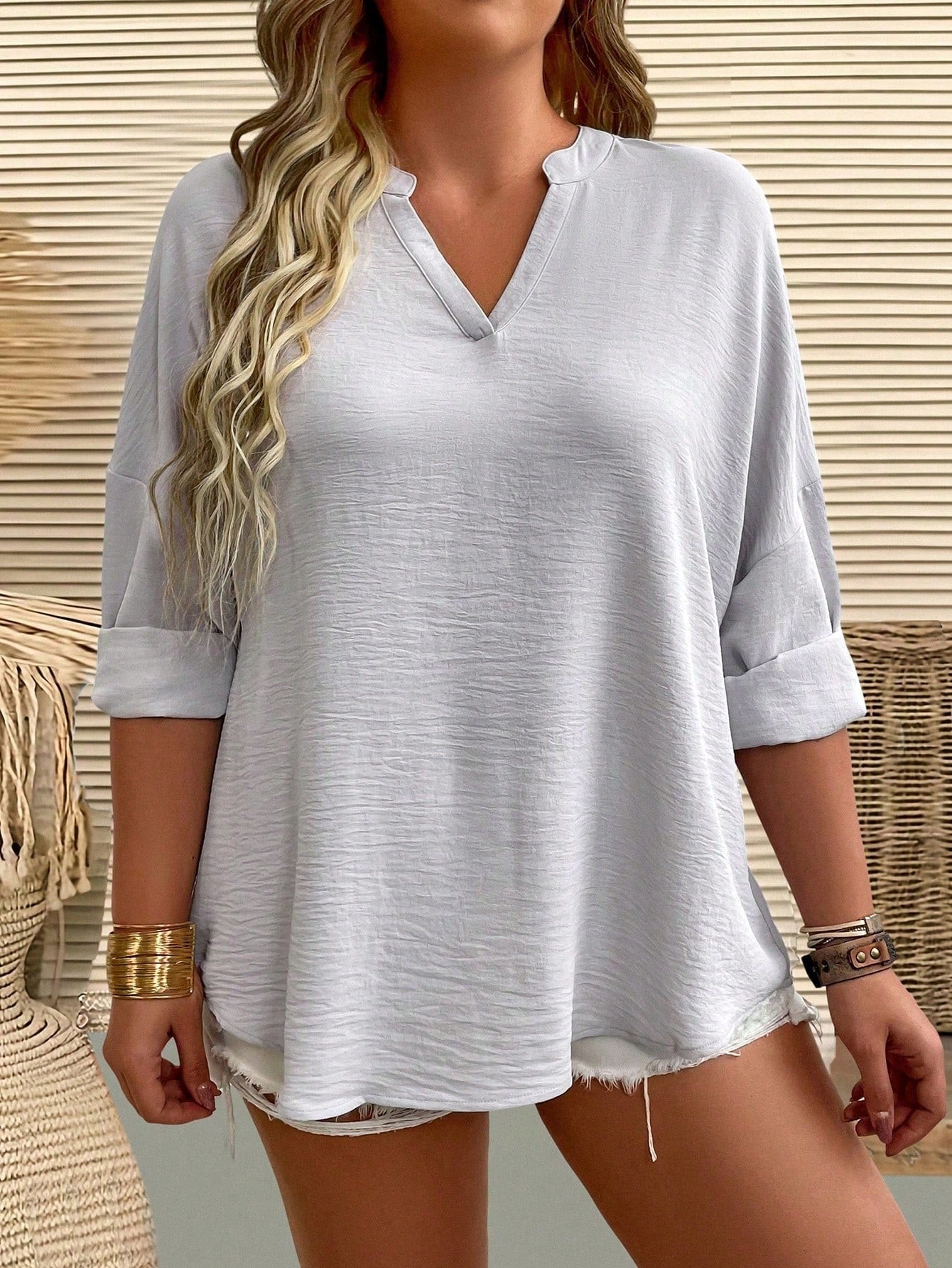 LUNE Plus Notched Neckline Roll Tab Sleeve Blouse Fall Cloth For Women