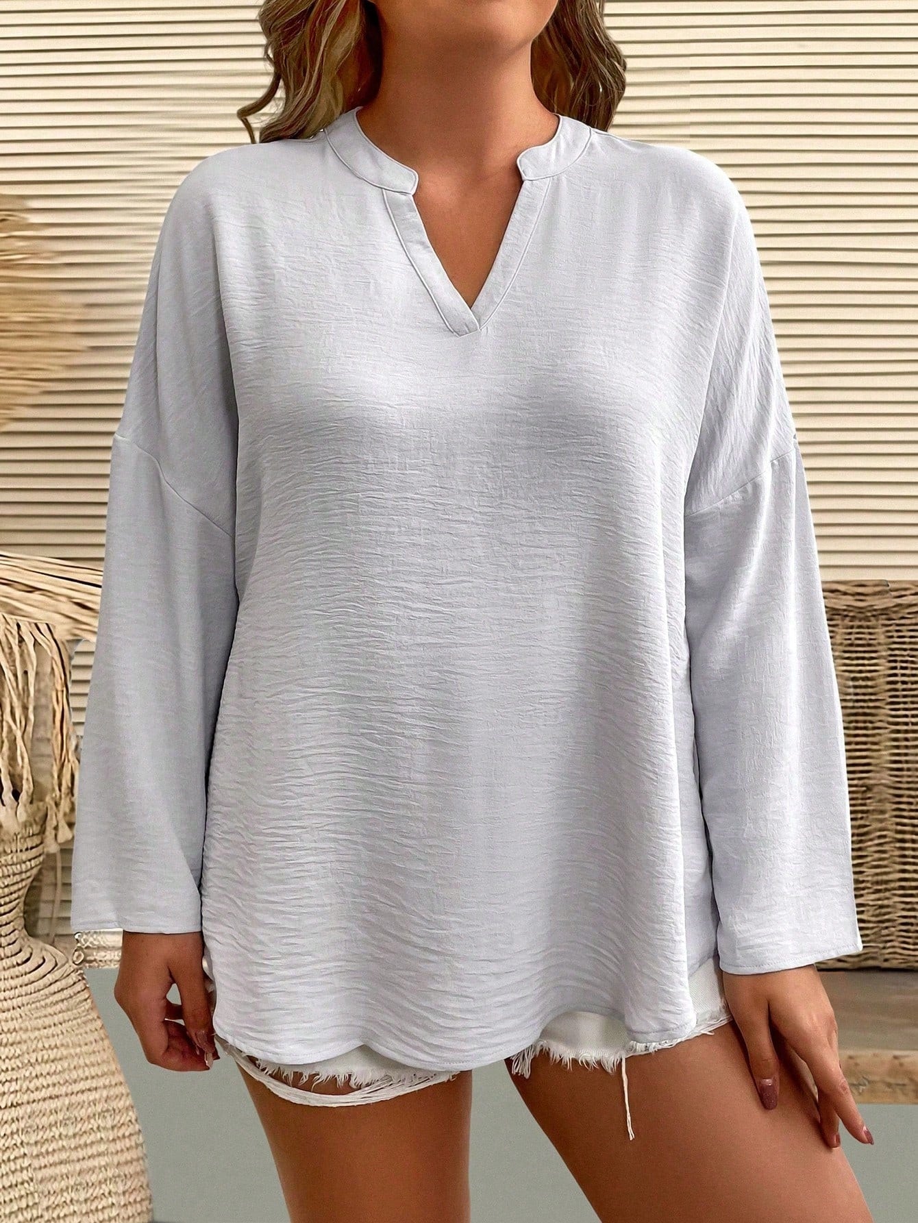 LUNE Plus Notched Neckline Roll Tab Sleeve Blouse Fall Cloth For Women