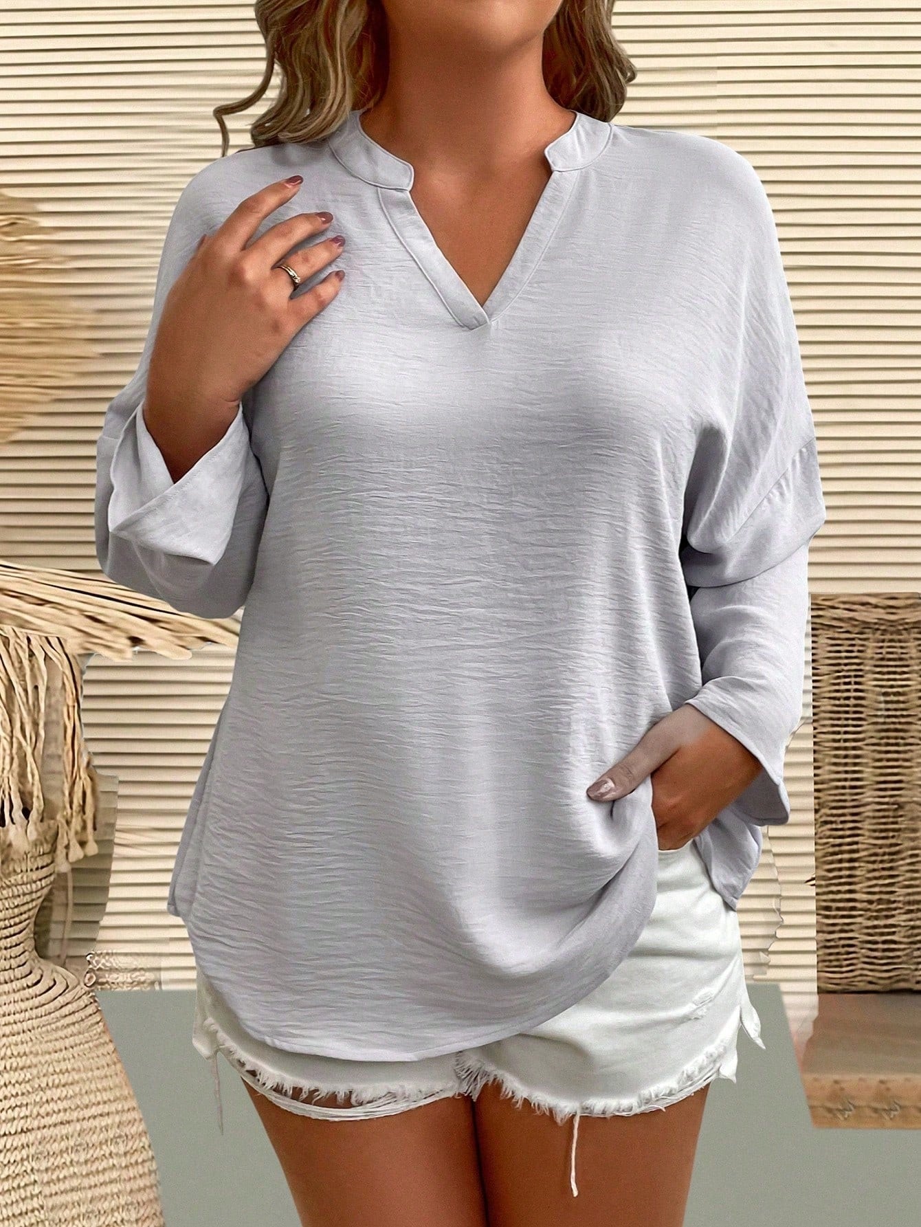 LUNE Plus Notched Neckline Roll Tab Sleeve Blouse Fall Cloth For Women