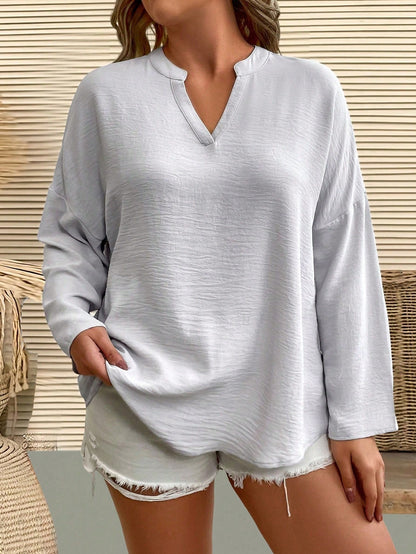 LUNE Plus Notched Neckline Roll Tab Sleeve Blouse Fall Cloth For Women