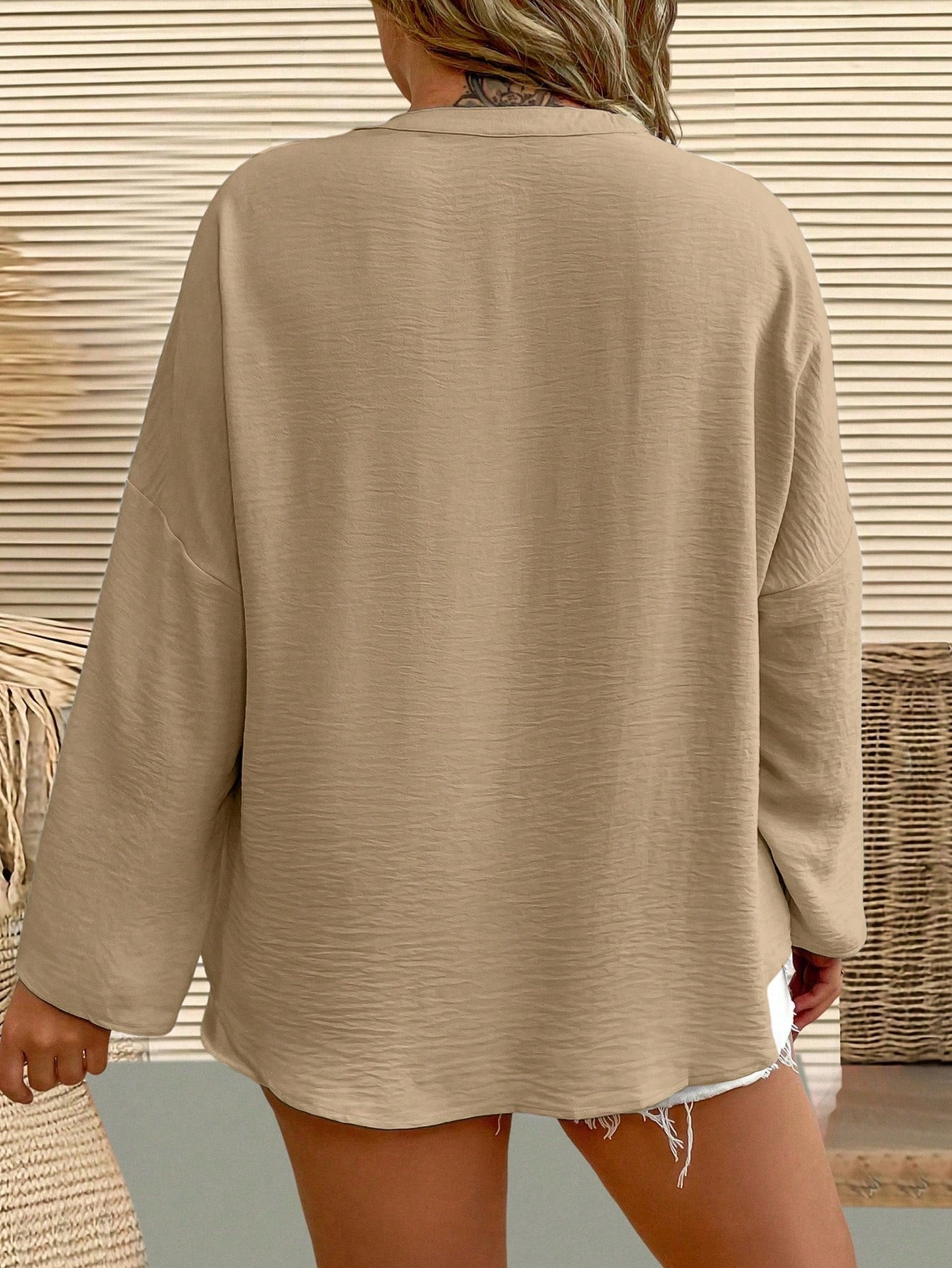 LUNE Plus Notched Neckline Roll Tab Sleeve Blouse Fall Cloth For Women