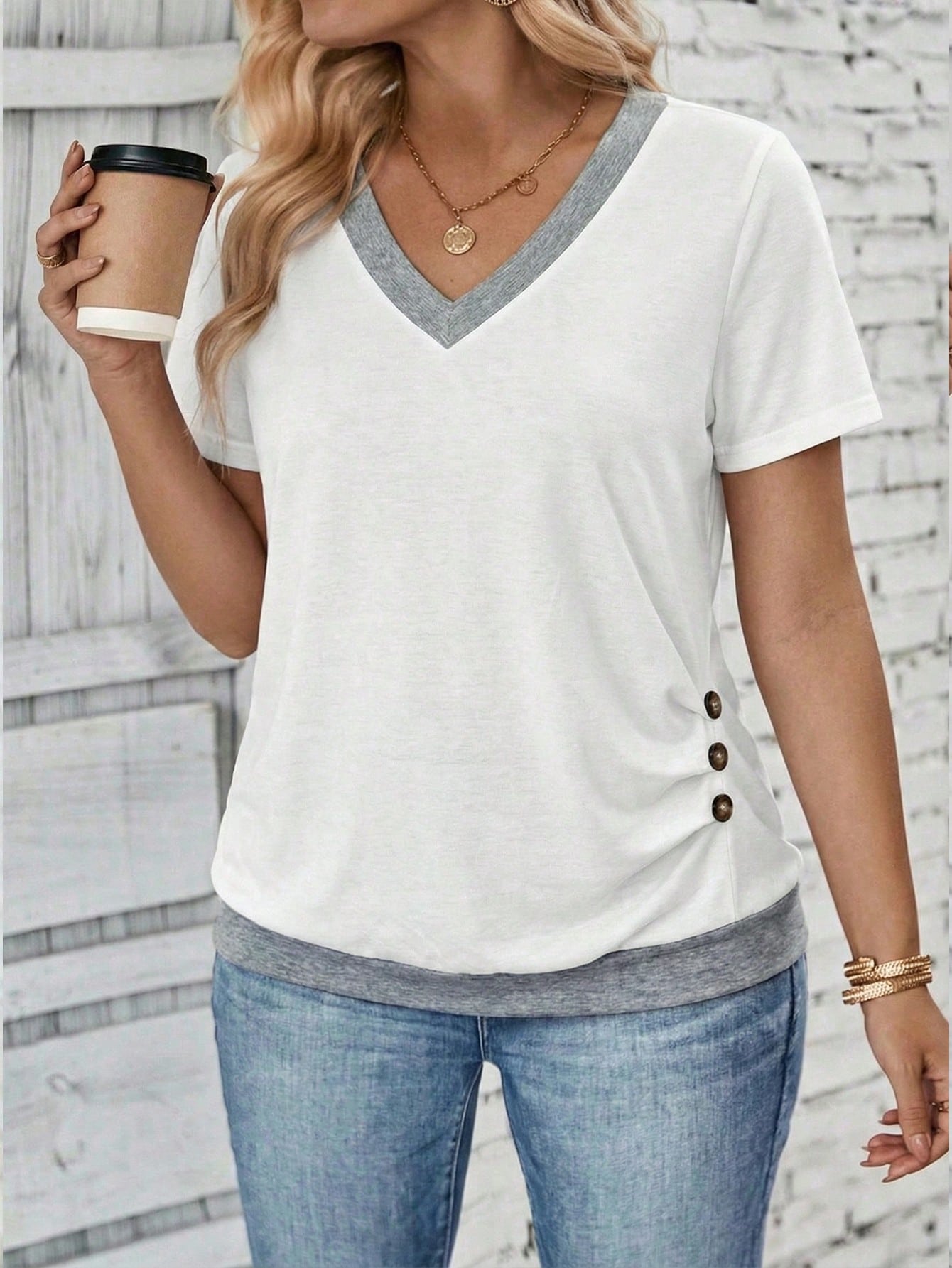 LUNE Plus Size V-Neck Leopard Print Patchwork Black Fabric Casual T-Shirt With Side Ruched Button Design