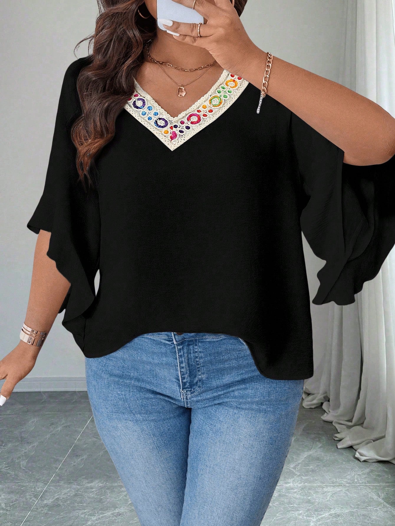 LUNE Plus Size Women Casual Holiday Ruffle Sleeve Blouse