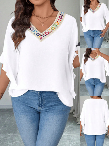 LUNE Plus Size Women Casual Holiday Ruffle Sleeve Blouse