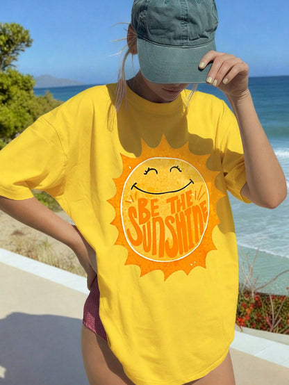 LUNE Smiling Sun "BE THE SUNSHINE" Beach Vacation Style Printed Casual Cowboy Plus Size T-Shirt Yellow Summer