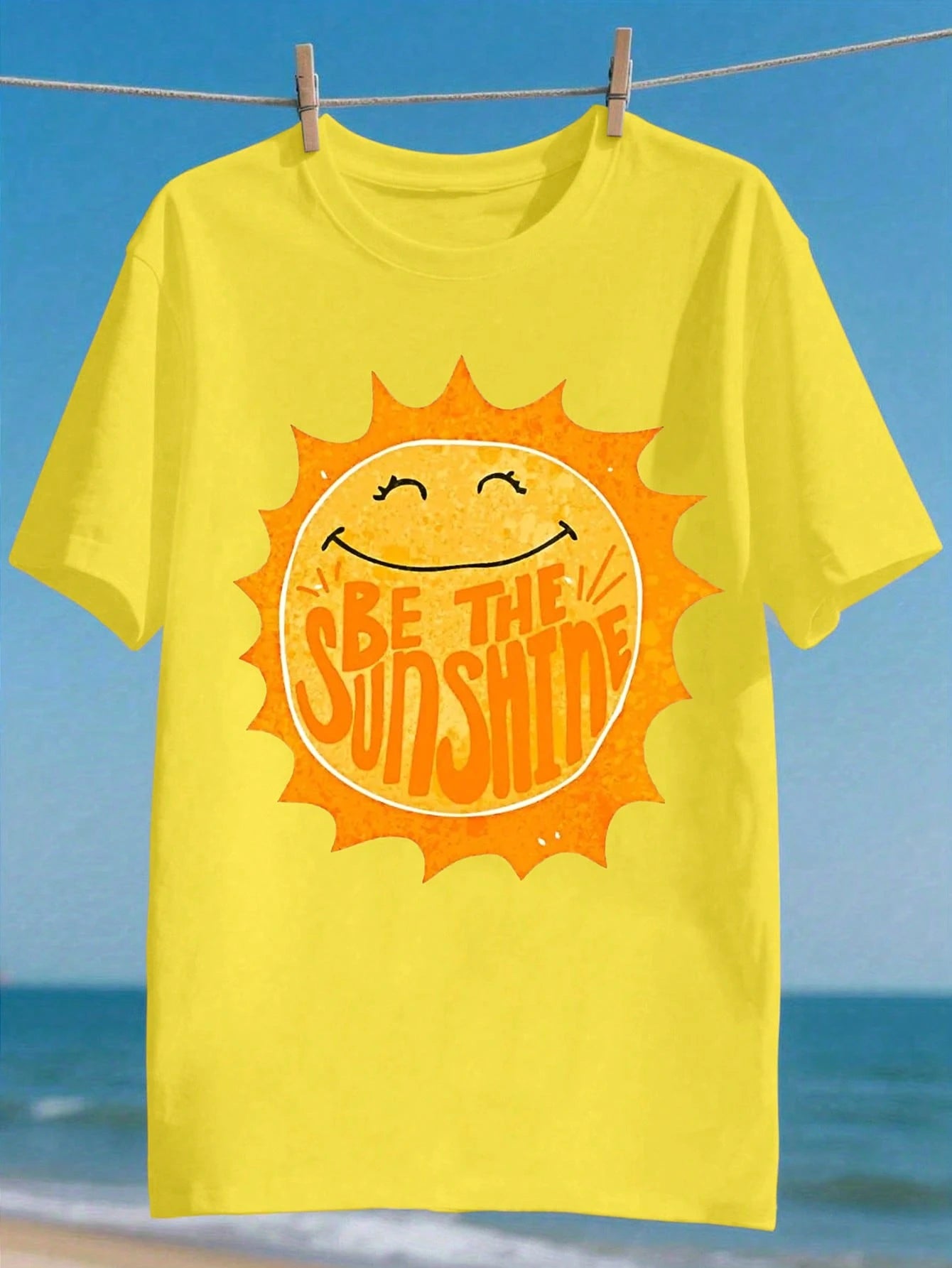 LUNE Smiling Sun "BE THE SUNSHINE" Beach Vacation Style Printed Casual Cowboy Plus Size T-Shirt Yellow Summer