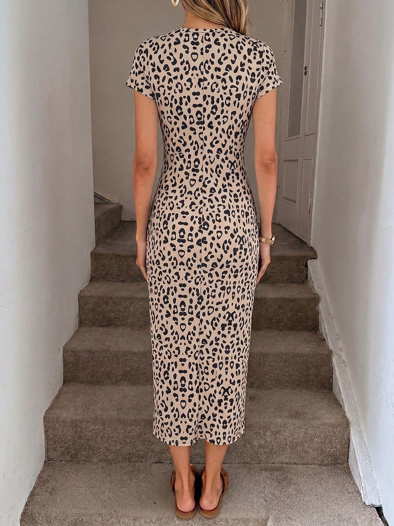 LUNE Women's Black Leopard Print Bodycon Mid-Length Dress,Seksi Chic Twist High Slit Summer Outfit,Elegant Date Night,Y2K Streetwear,Party Wedding Summer