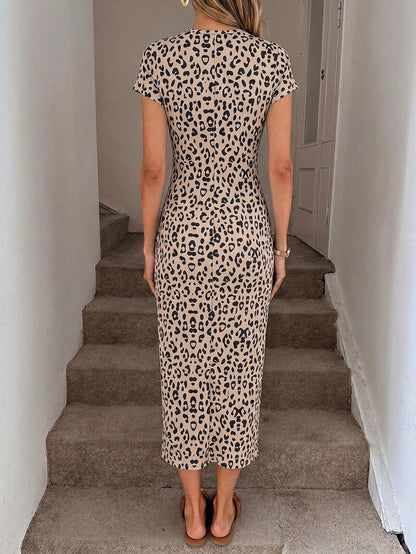 LUNE Women's Black Leopard Print Bodycon Mid-Length Dress,Seksi Chic Twist High Slit Summer Outfit,Elegant Date Night,Y2K Streetwear,Party Wedding Summer