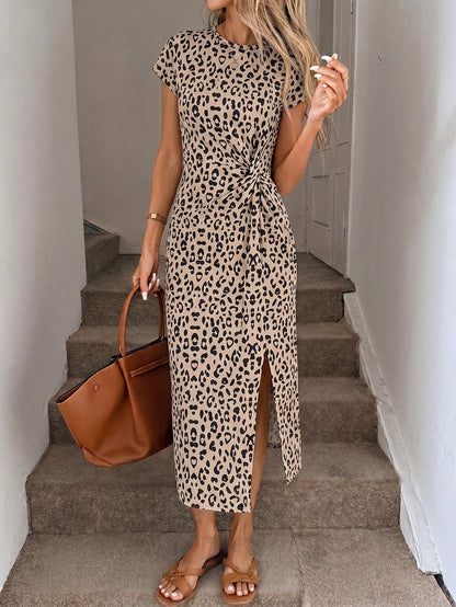 LUNE Women's Black Leopard Print Bodycon Mid-Length Dress,Seksi Chic Twist High Slit Summer Outfit,Elegant Date Night,Y2K Streetwear,Party Wedding Summer