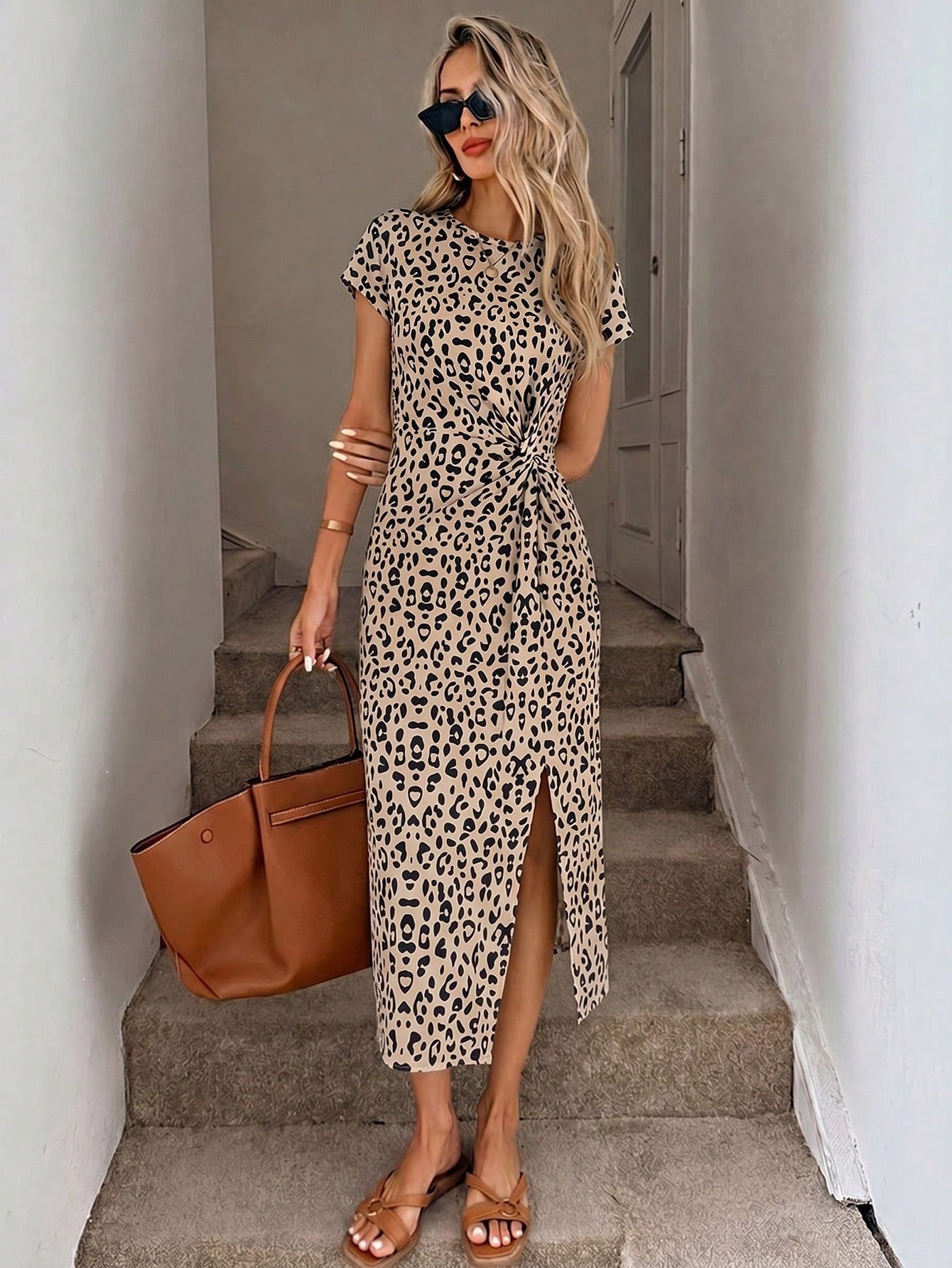 LUNE Women's Black Leopard Print Bodycon Mid-Length Dress,Seksi Chic Twist High Slit Summer Outfit,Elegant Date Night,Y2K Streetwear,Party Wedding Summer