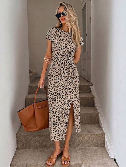 LUNE Women's Black Leopard Print Bodycon Mid-Length Dress,Seksi Chic Twist High Slit Summer Outfit,Elegant Date Night,Y2K Streetwear,Party Wedding Summer
