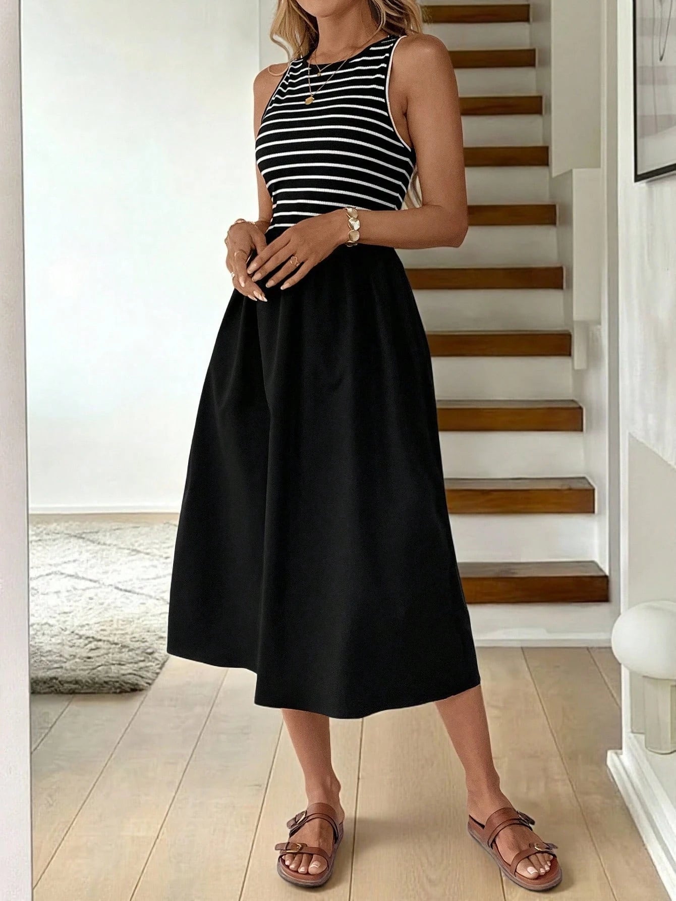 LUNE Women's Casual Striped Patchwork Mid-Length Dress Vacation Blue And White Stripe Summer