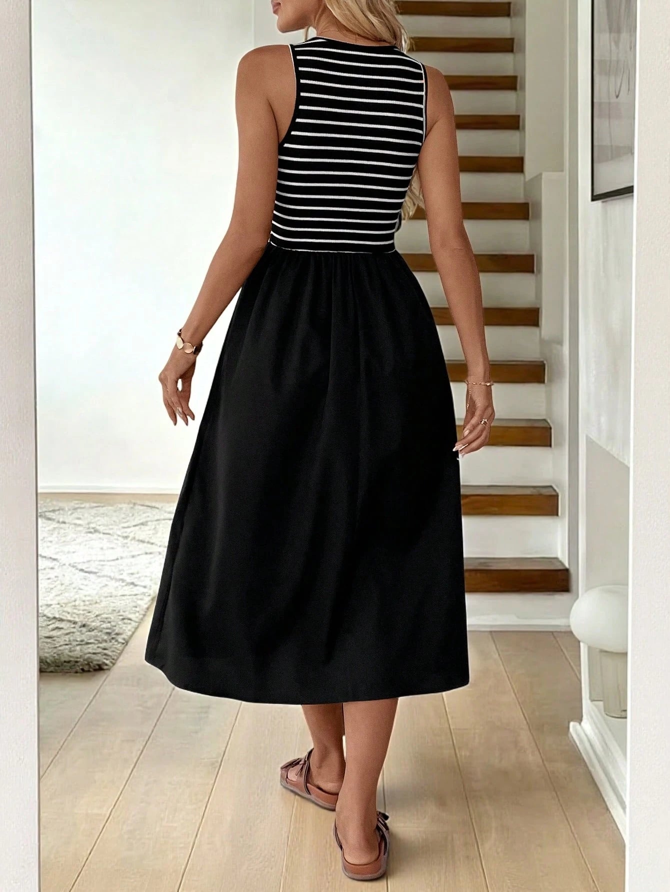 LUNE Women's Casual Striped Patchwork Mid-Length Dress Vacation Blue And White Stripe Summer