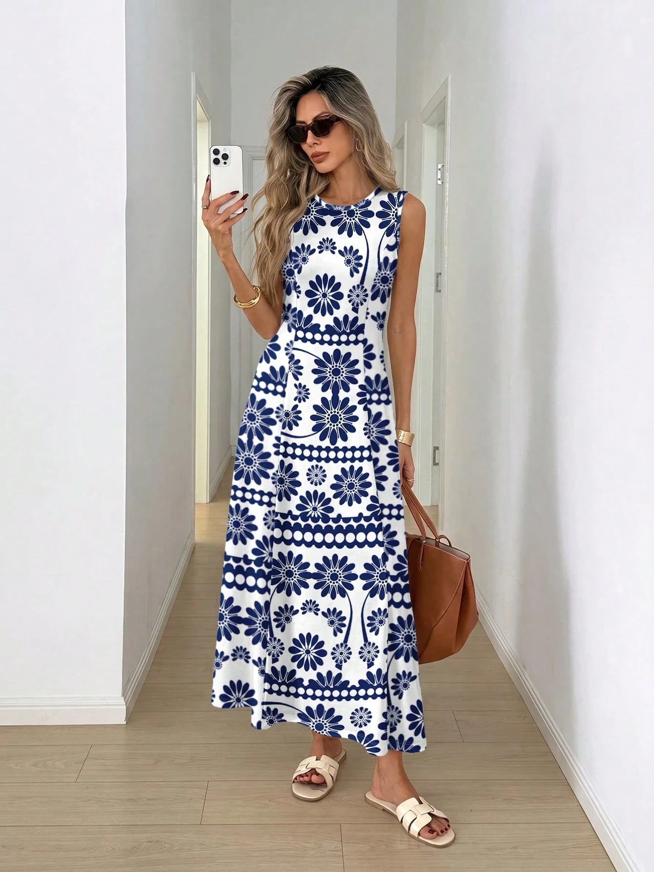 LUNE Women's Casual Tropical Boho Sleeveless Round Neck Dress, Suitable For Summer Daily Wear, Waist-Cinched Elegant Long Outings Vacation White And Blue