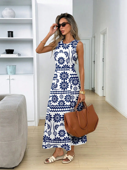 LUNE Women's Casual Tropical Boho Sleeveless Round Neck Dress, Suitable For Summer Daily Wear, Waist-Cinched Elegant Long Outings Vacation White And Blue