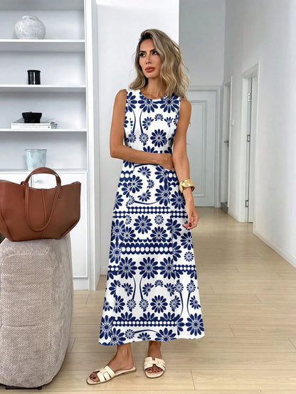 LUNE Women's Casual Tropical Boho Sleeveless Round Neck Dress, Suitable For Summer Daily Wear, Waist-Cinched Elegant Long Outings Vacation White And Blue