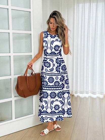 LUNE Women's Casual Tropical Boho Sleeveless Round Neck Dress, Suitable For Summer Daily Wear, Waist-Cinched Elegant Long Outings Vacation White And Blue