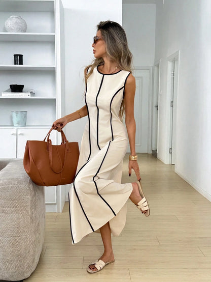 LUNE Women's Casual Tropical Boho Sleeveless Round Neck Dress, Suitable For Summer Daily Wear, Waist-Cinched Elegant Long Outings Vacation White And Blue