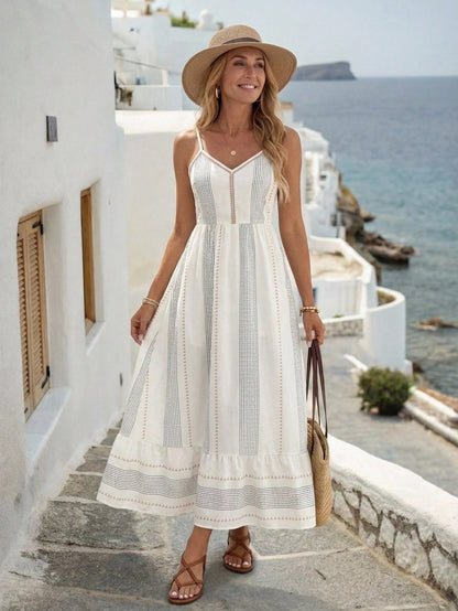 LUNE Women's Holiday Striped Casual Breezy Boho Spaghetti Strap Dress Sun Picnic Vacation Elegant Summer European Outfits Beach Blue White Striped