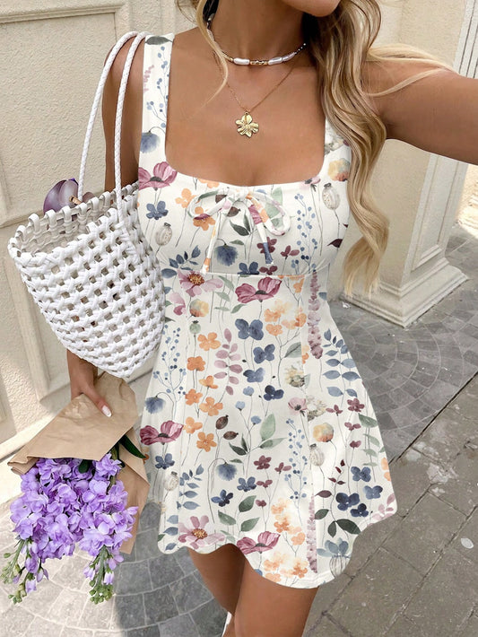 LUNE Women's Mini White Floral Backless Strap Shoulder Dress Vacation Summer Tropical