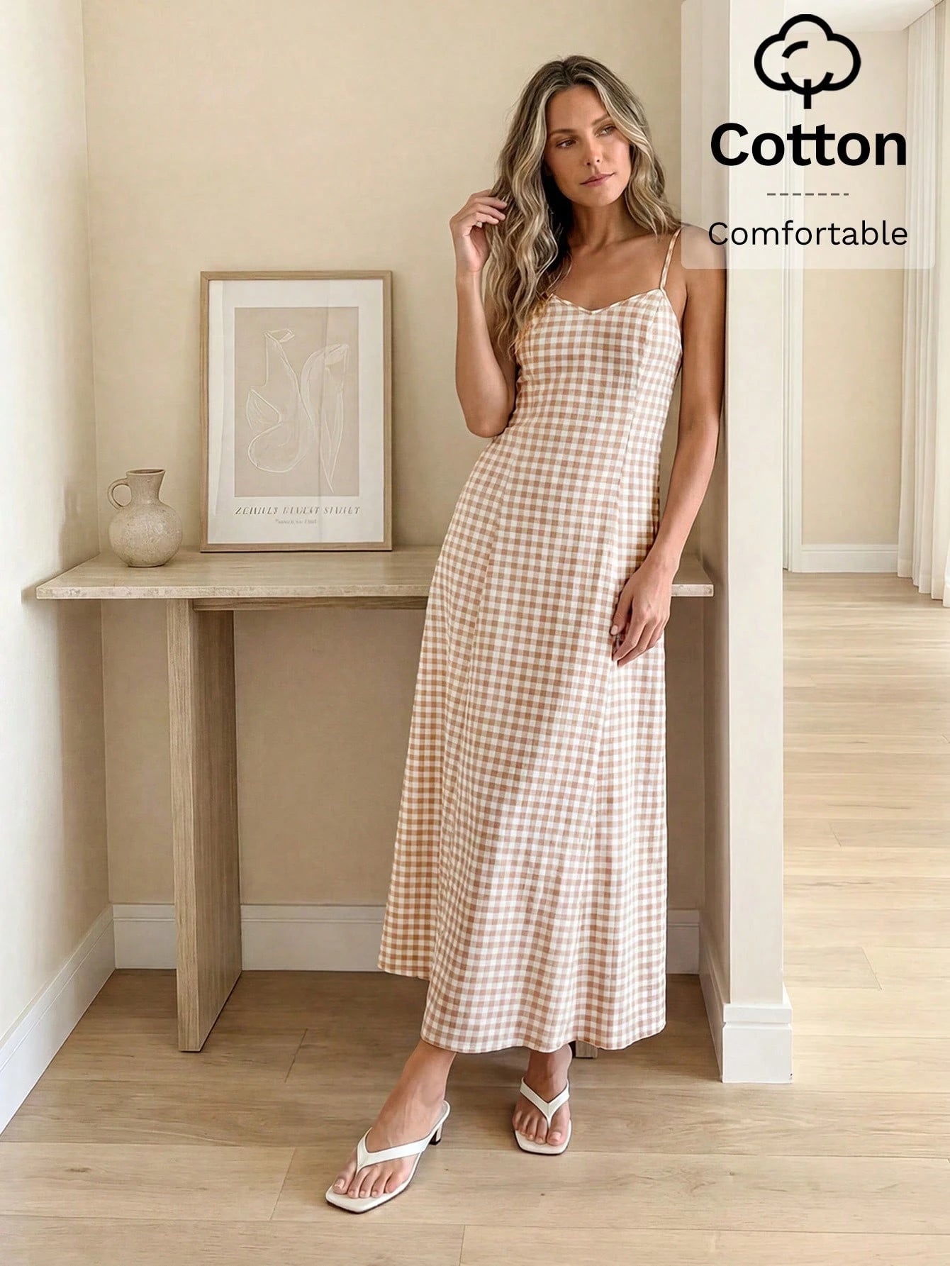 LUNE Women's Plaid Casual Minimalist Maxi Cami Dress, Suitable For Dates And Parties Summer Dresses For Women Picnic Dress For Women Long Casual Dresses For Woman Vacation Outfits Women Dress Cr