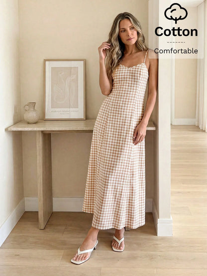 LUNE Women's Plaid Casual Minimalist Maxi Cami Dress, Suitable For Dates And Parties Summer Dresses For Women Picnic Dress For Women Long Casual Dresses For Woman Vacation Outfits Women Dress Cr