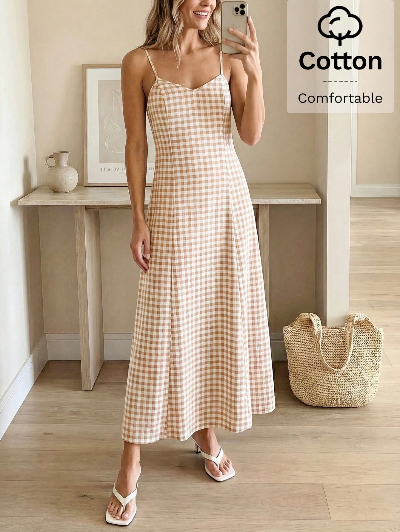 LUNE Women's Plaid Casual Minimalist Maxi Cami Dress, Suitable For Dates And Parties Summer Dresses For Women Picnic Dress For Women Long Casual Dresses For Woman Vacation Outfits Women Dress Cr