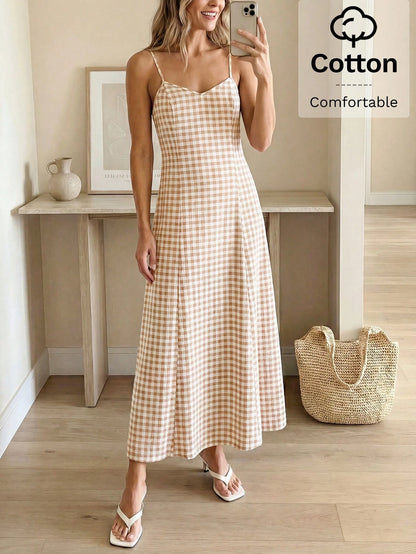 LUNE Women's Plaid Casual Minimalist Maxi Cami Dress, Suitable For Dates And Parties Summer Dresses For Women Picnic Dress For Women Long Casual Dresses For Woman Vacation Outfits Women Dress Cr