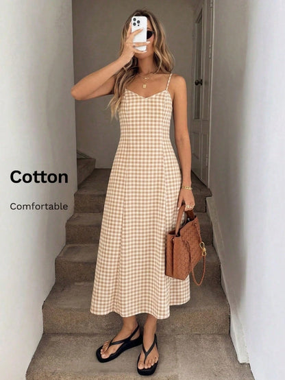 LUNE Women's Plaid Casual Minimalist Maxi Cami Dress, Suitable For Dates And Parties Summer Dresses For Women Picnic Dress For Women Long Casual Dresses For Woman Vacation Outfits Women Dress Cr