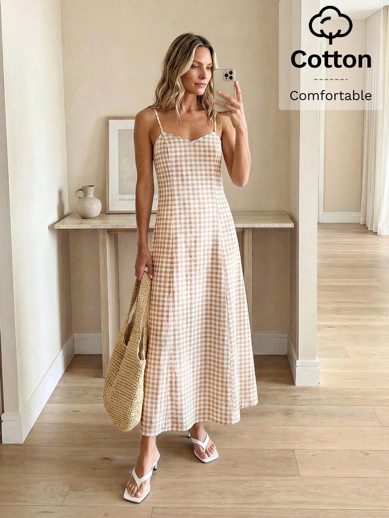 LUNE Women's Plaid Casual Minimalist Maxi Cami Dress, Suitable For Dates And Parties Summer Dresses For Women Picnic Dress For Women Long Casual Dresses For Woman Vacation Outfits Women Dress Cr